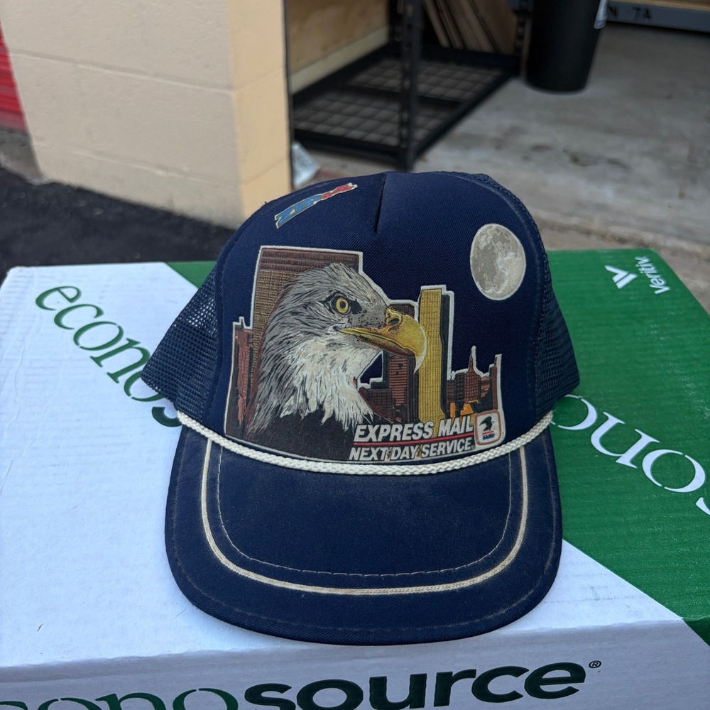 Vintage USPS Express Mail‎ Next Day Service Eagle Trucker Hat Navy Blue Snapback